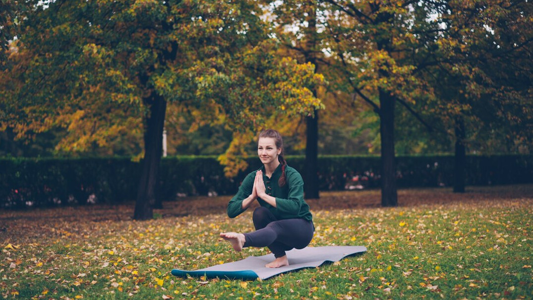 senior doing yoga in park